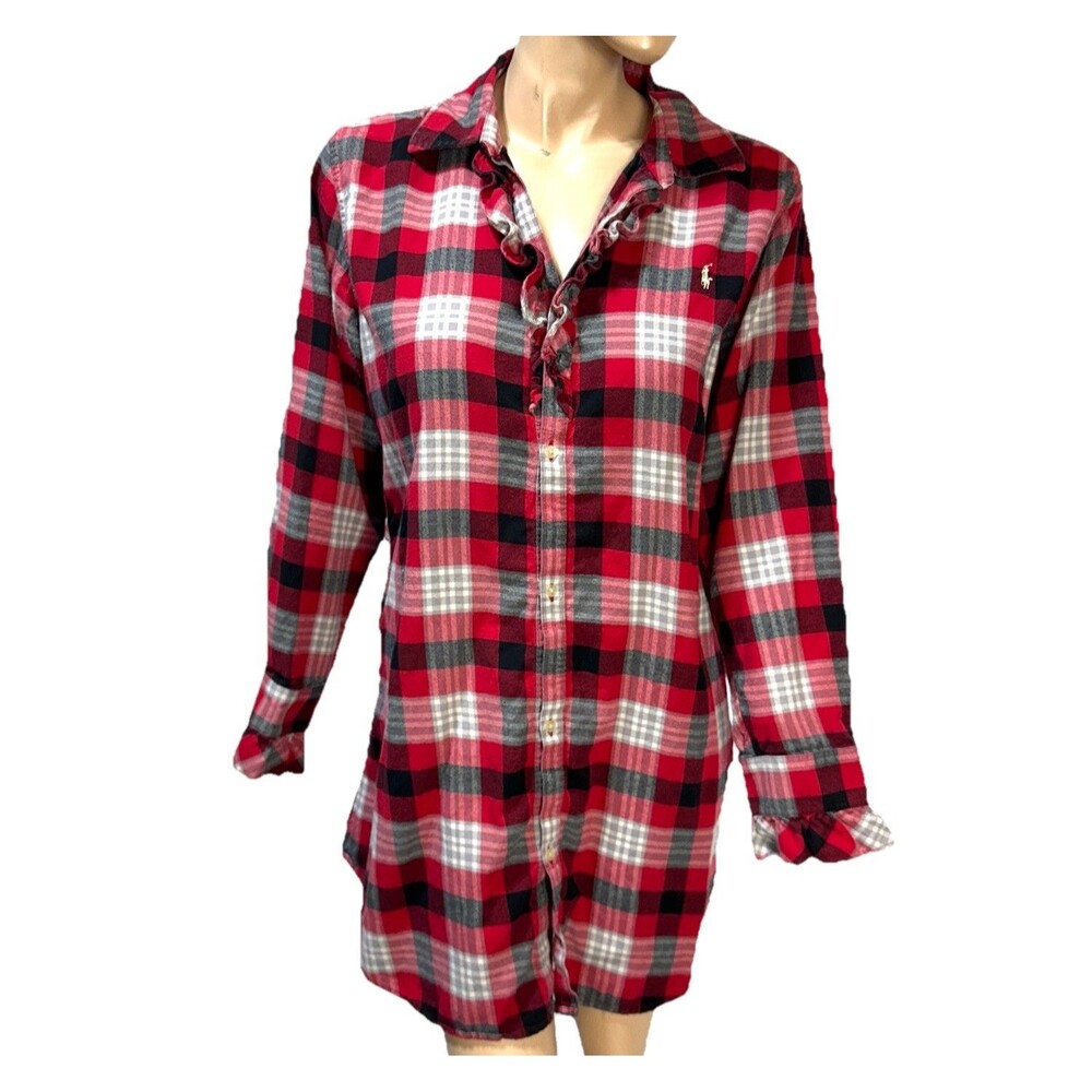 Ralph Lauren Plaid Red Flannel long sleeve Night Gown sleep Shirt L Ruffles